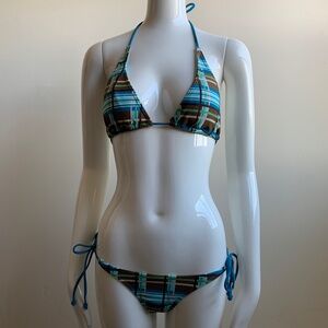 Rip Curl teal & brown plaid halter bikini